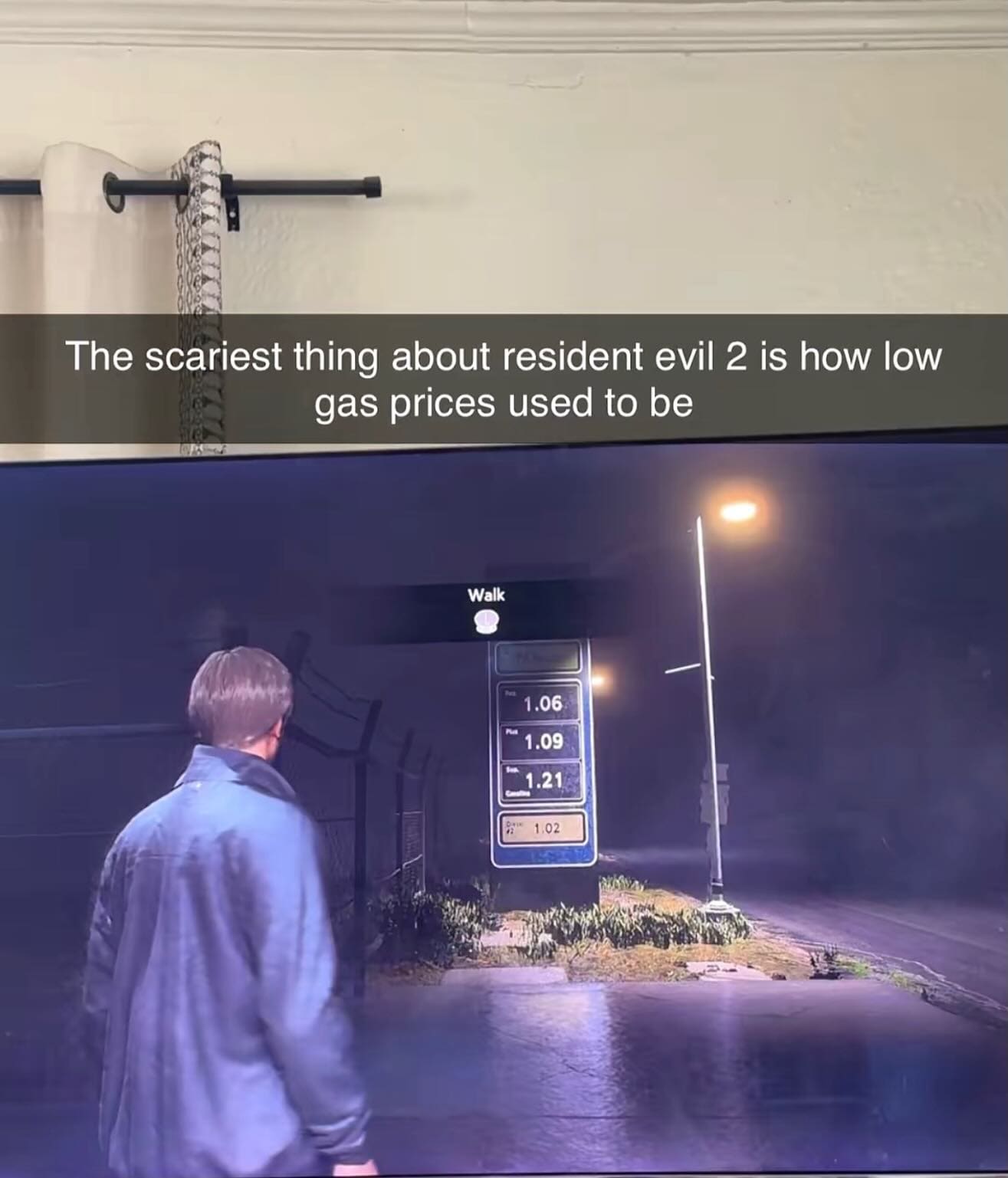 A meme dump entry featuring a photo of a TV screen playing the Resident Evil 2 remake. The player character, Leon Kennedy, stands before a gas station sign showing prices like $1.06 and $1.09. The caption reads, "The scariest thing about resident evil 2 is how low gas prices used to be."