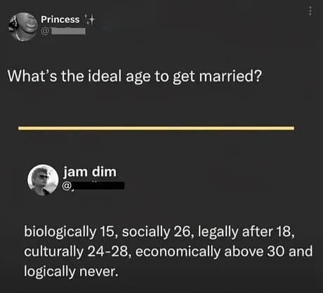 The complicated reality of modern commitment is dissected in this relatable meme dump post, ranking the ideal age to get married from biological, social, and economic perspectives with a cynical "logically never" finale.