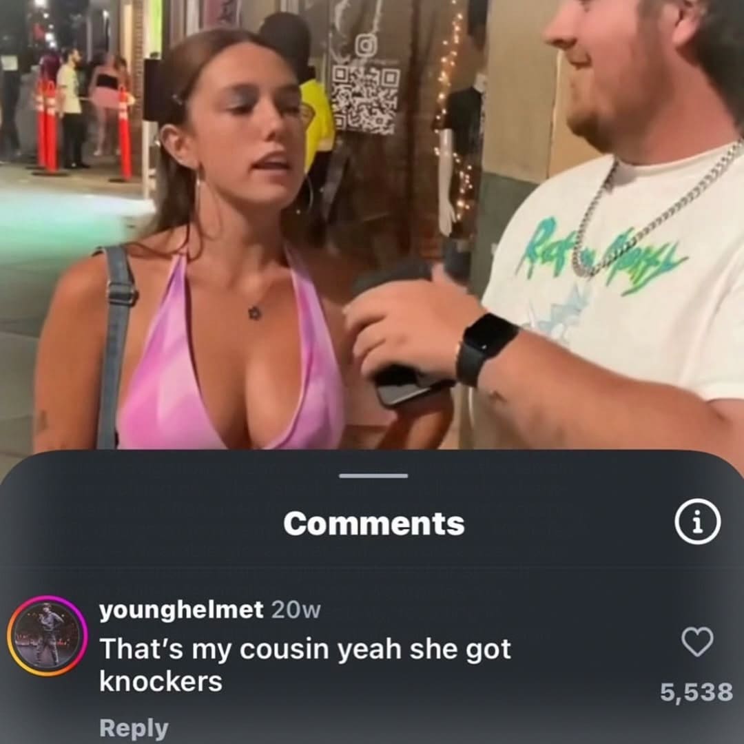 chaotic meme dump entry showing a street interview with a woman in a pink top, overlaid with a social media comment from a user claiming she is his cousin and bluntly acknowledging her physical attributes.