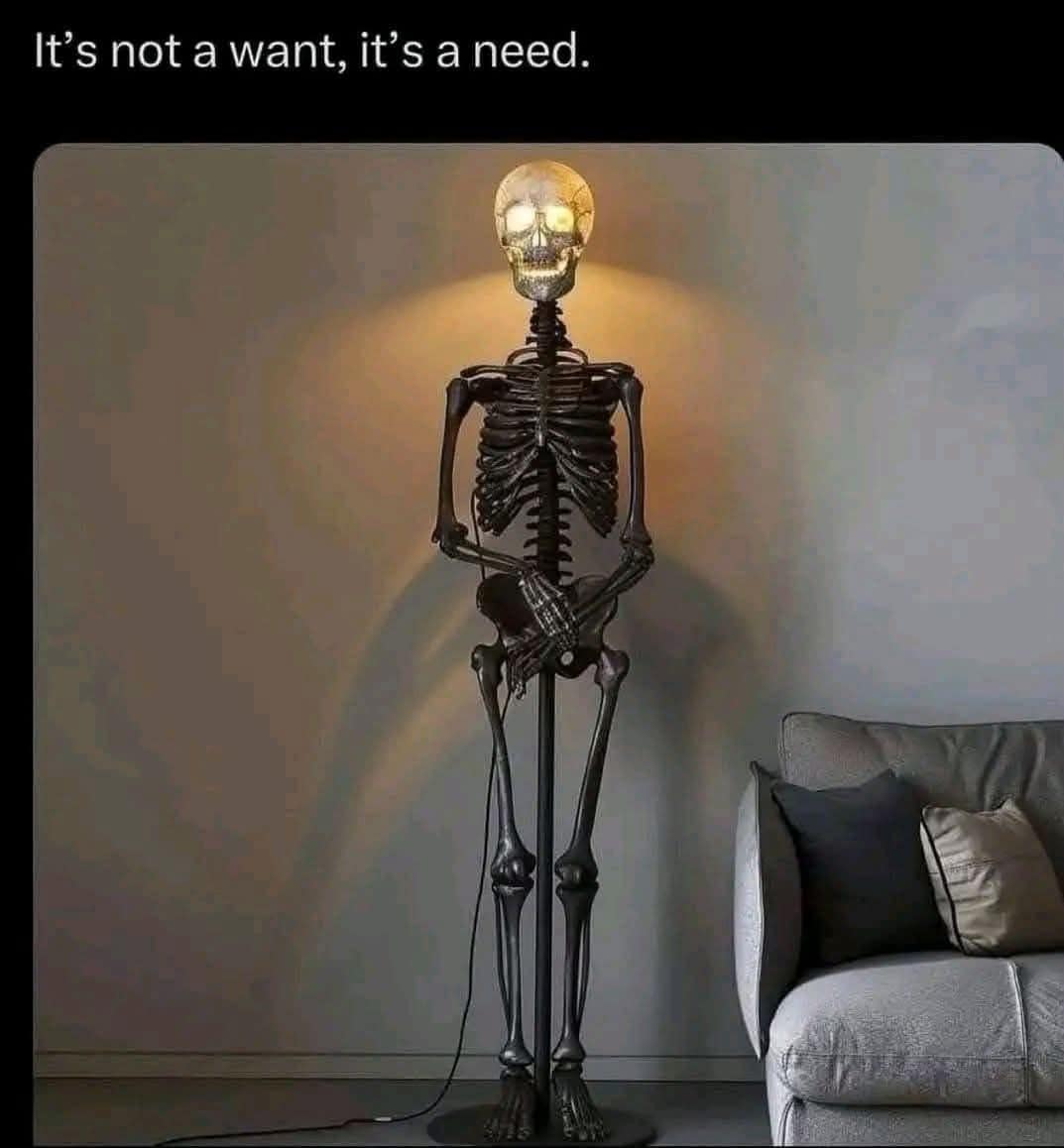 hilarious meme featuring a life-sized, anatomical skeleton floor lamp standing next to a grey couch. The skull serves as the light bulb housing, making the eyes and cranium glow with a warm light. The caption reads: "It’s not a want, it’s a need."