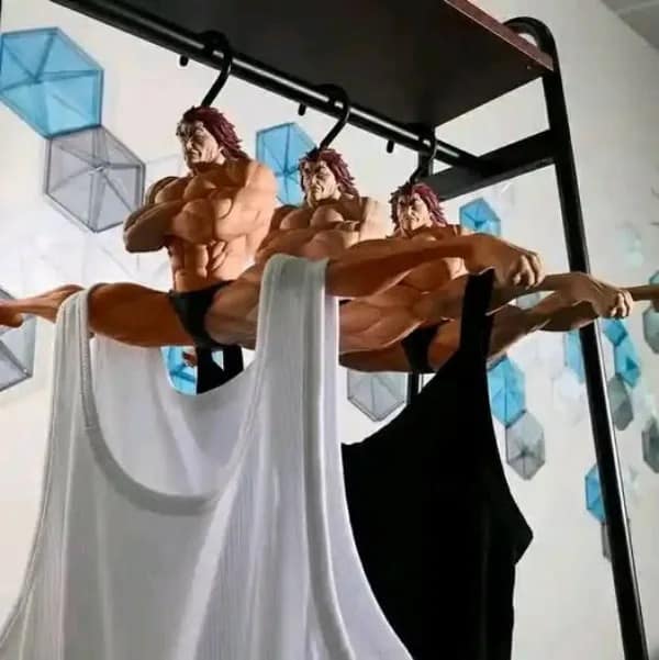 funny meme from a meme dump showing three muscular anime action figures (Yujiro Hanma) doing the splits on a clothing rack to act as hangers for white and black tank tops.