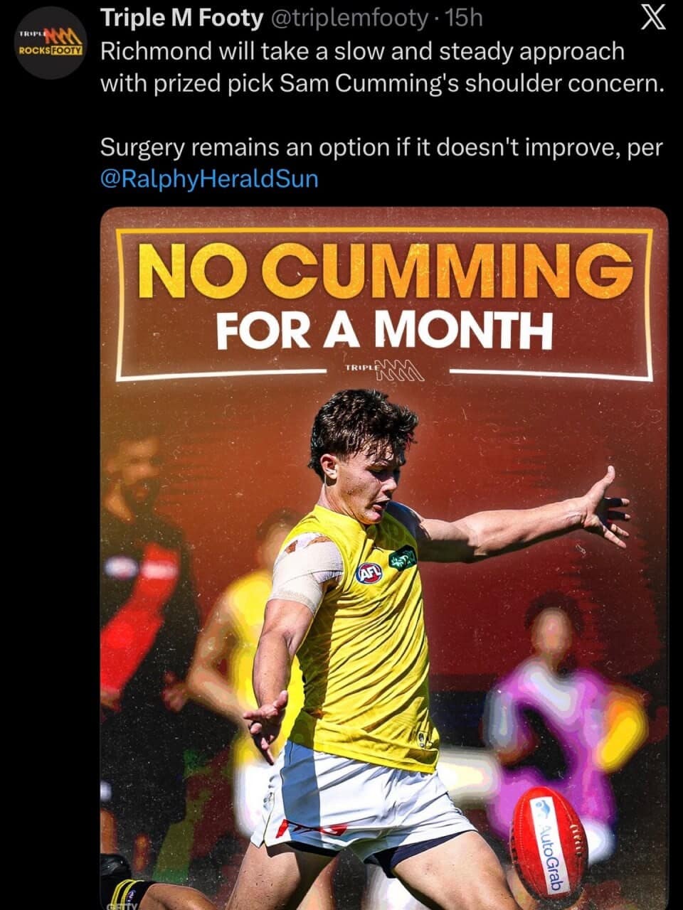sports meme dump entry showing a poorly phrased graphic for an injured player named Sam Cumming, boldly declaring no cumming for a month across the screen.