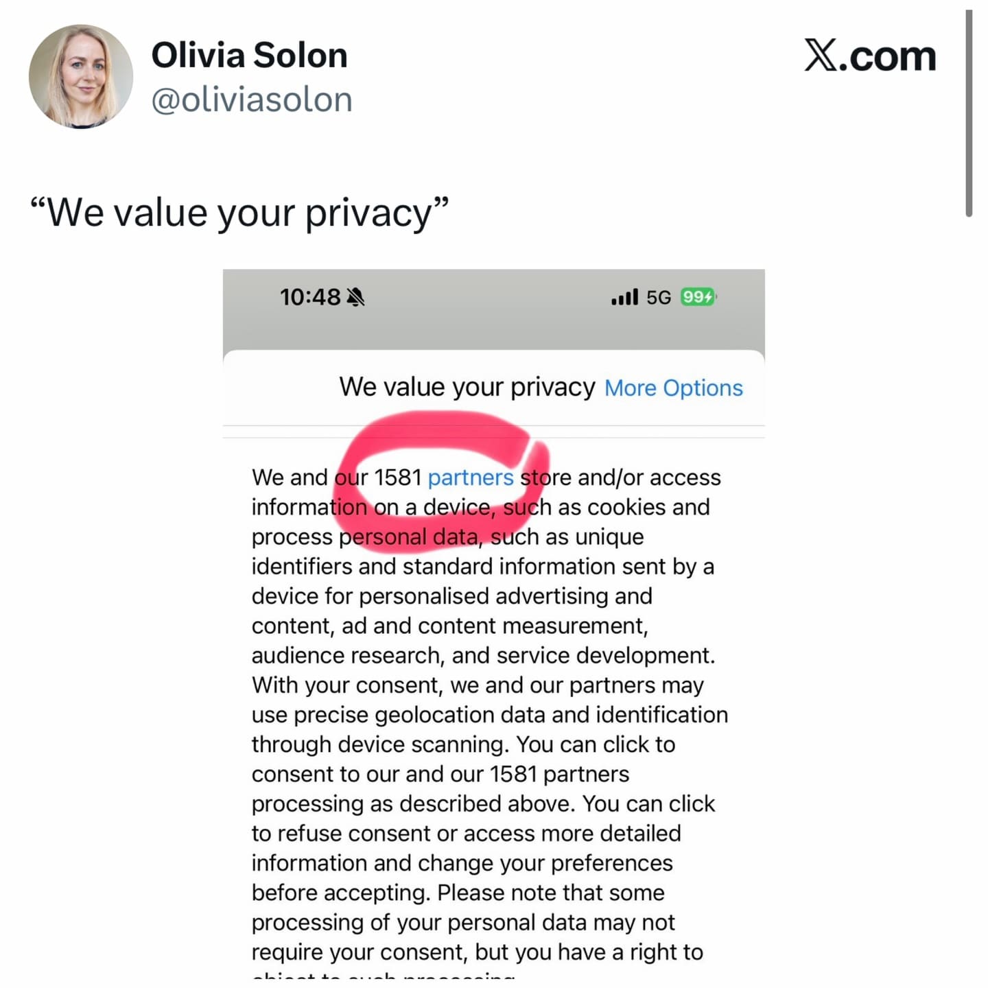 cynical meme dump screenshot of a "We value your privacy" cookie consent banner, with a red circle highlighting the absurd fact that the site shares data with "1581 partners."