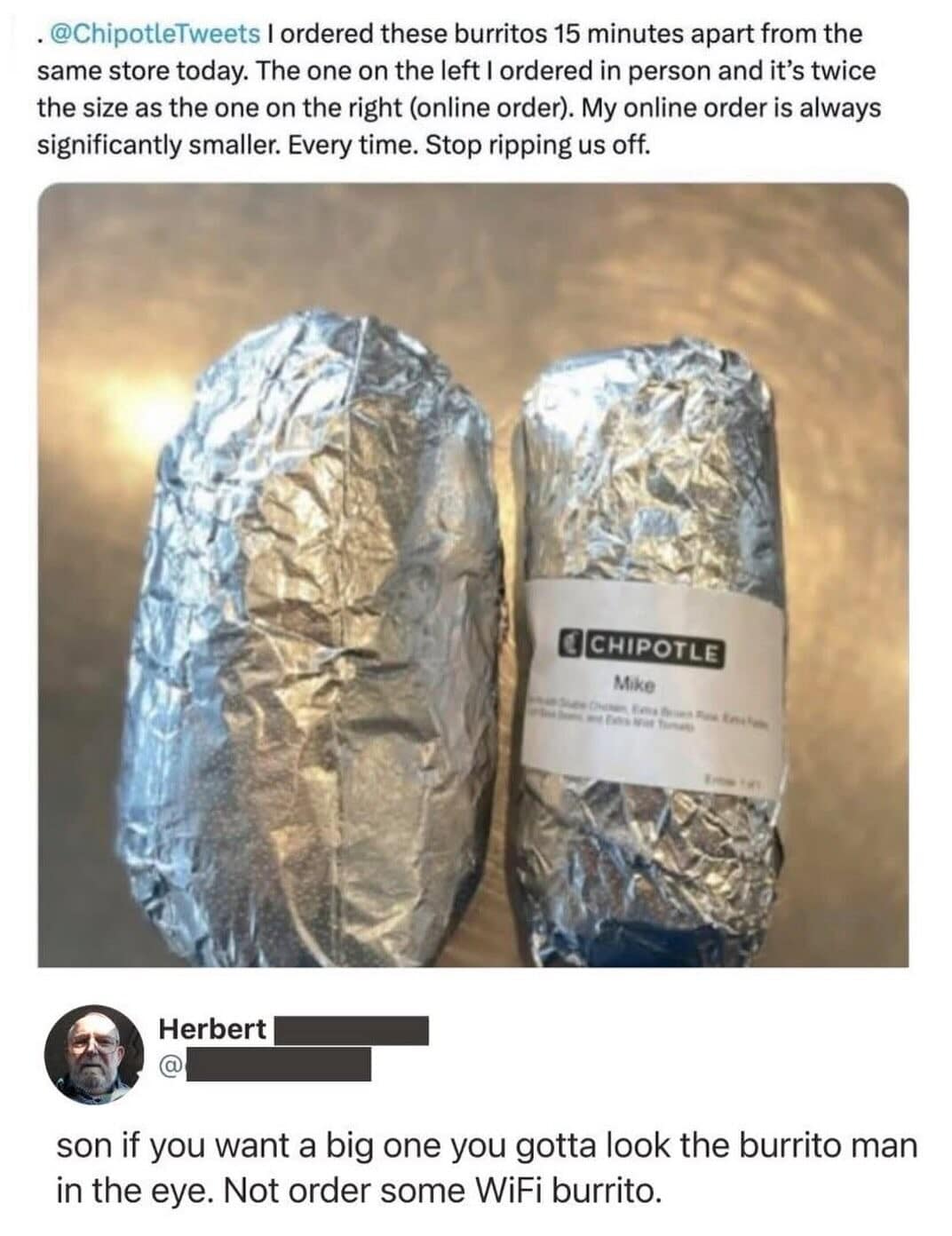 accurate funny meme comparing a massive in-person Chipotle burrito to a tiny online order, with a wise reply explaining you cannot just order a WiFi burrito and expect a big one.