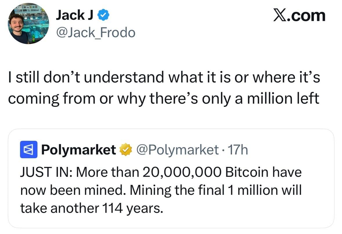 hilarious meme capturing the universal confusion around cryptocurrency, where a user reacts to a headline about the final 1 million Bitcoin taking 114 years to mine by admitting they still have no idea what a Bitcoin even is.