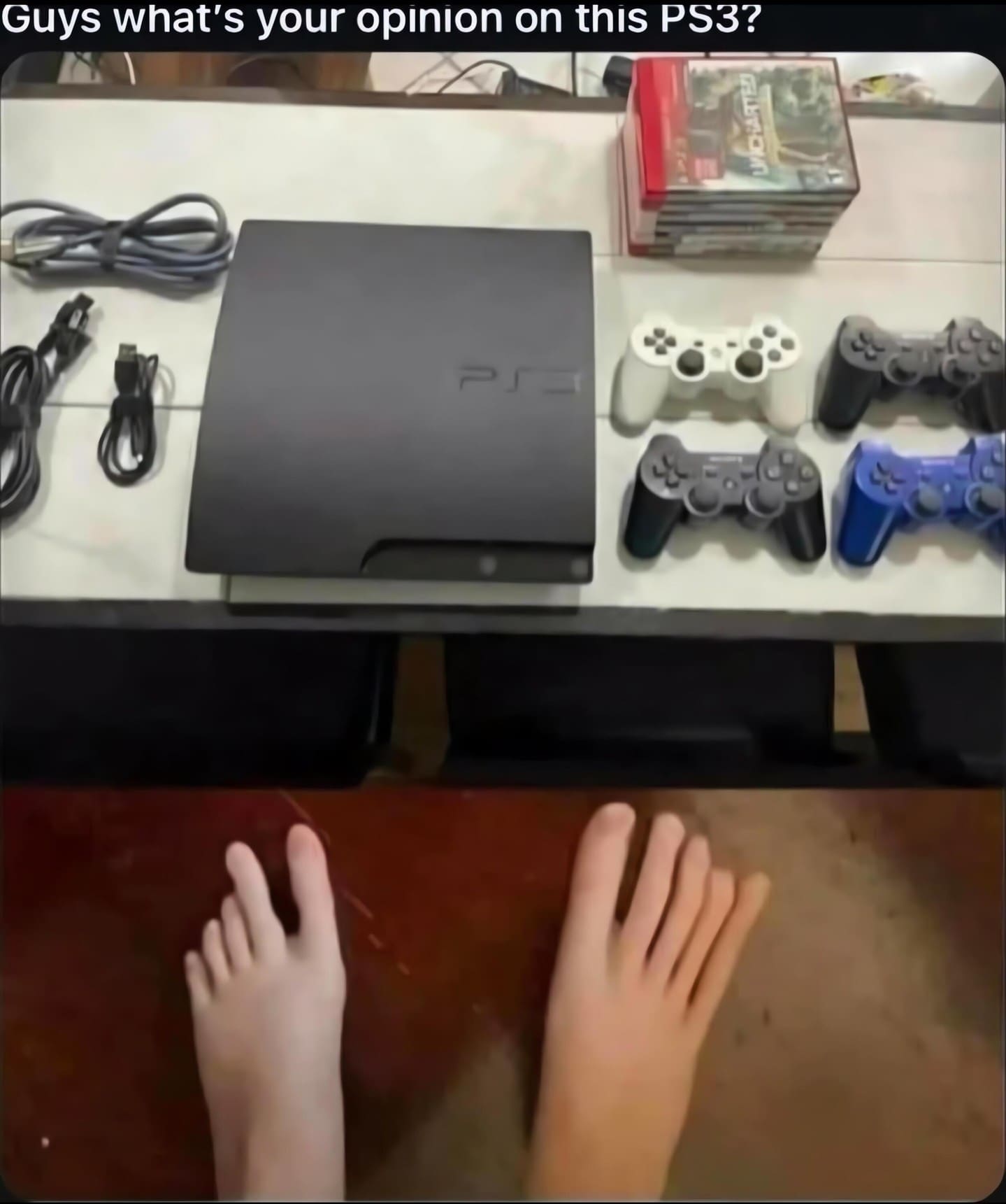 A "cursed" meme dump image showing a PlayStation 3 console with several games and controllers on a table. The camera angle reveals the photographer's feet at the bottom, which have been edited to have unnervingly long, finger-like toes.