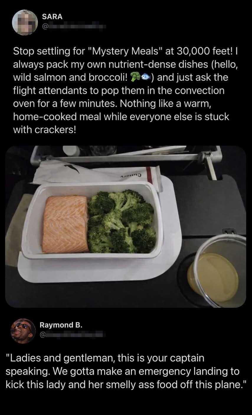 A brutal funny meme showing a passenger bragging about heating up salmon and broccoli on an airplane, followed by a reply imagining the captain making an emergency landing over the smell in this wild meme dump.