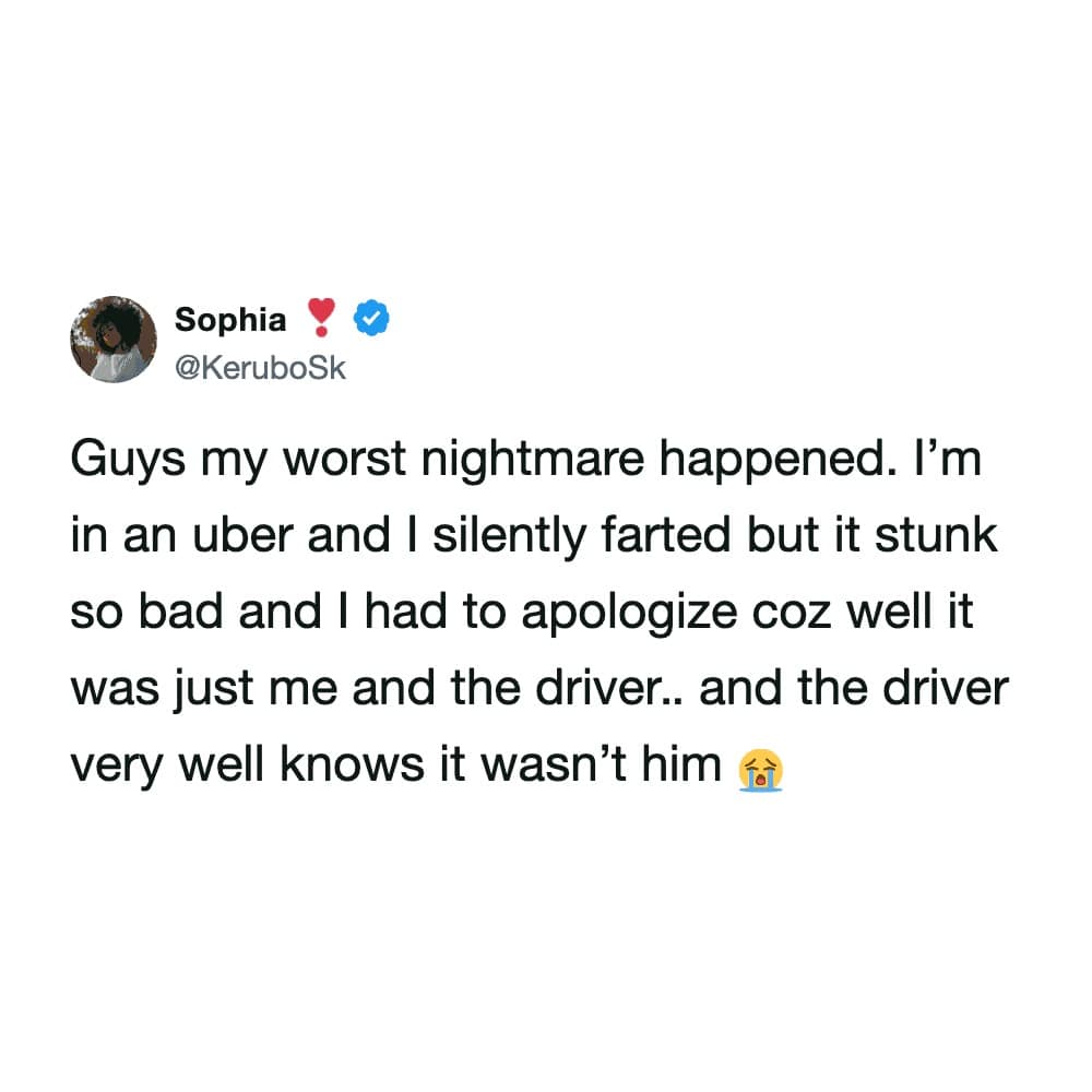 relatable funny meme tweet from Sophia detailing her "worst nightmare": silently farting in an Uber and having to apologize because it smelled so bad and the driver knew it wasn't him.
