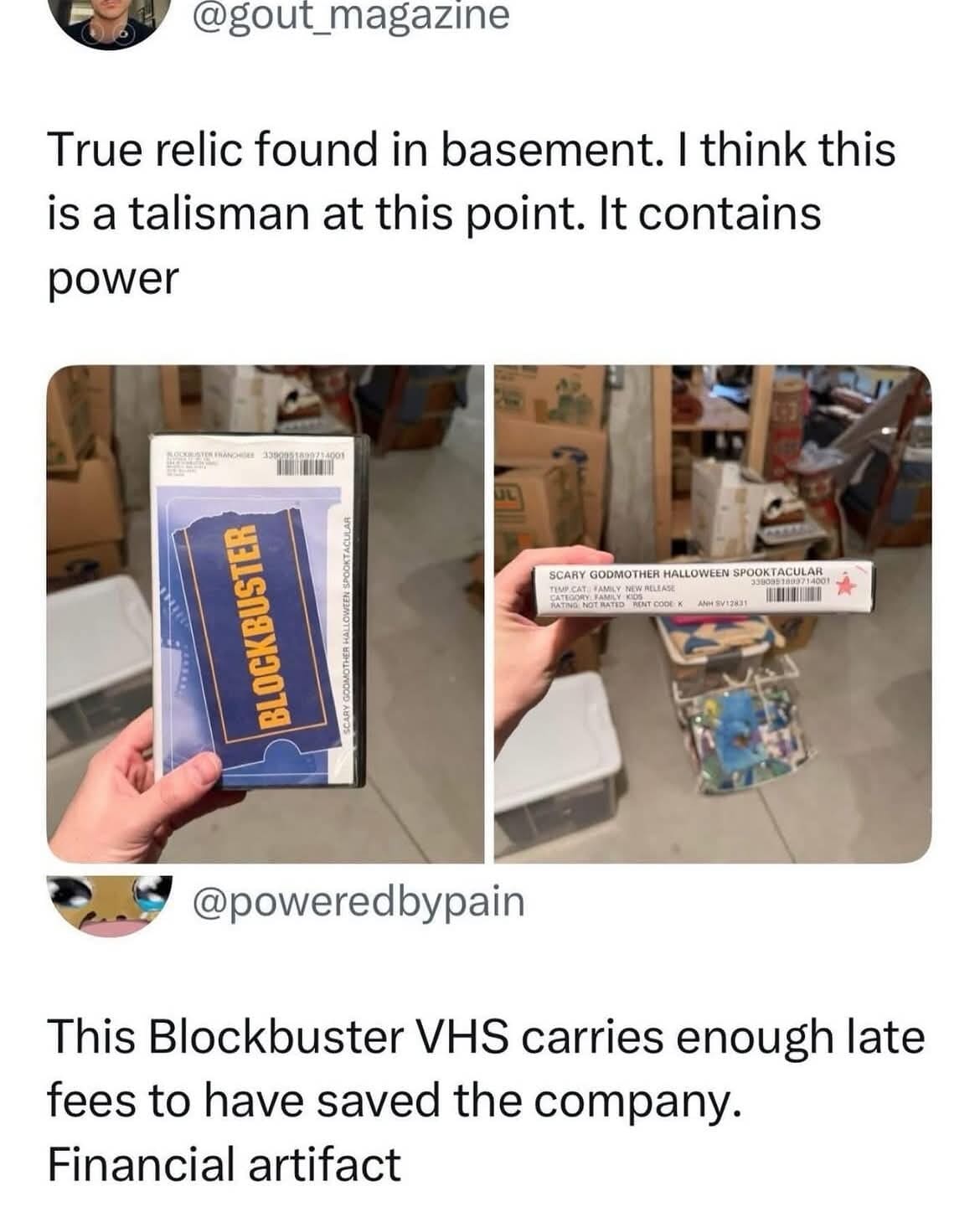 Stumbling upon a nostalgic treasure, this meme dump image shows a long-lost Blockbuster VHS of "Scary Godmother" that likely carries enough late fees to restart the entire franchise