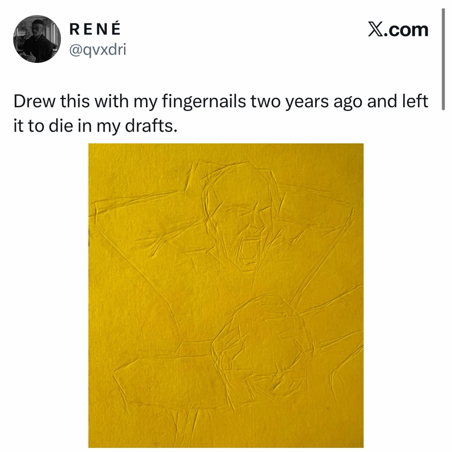 An impressive yet unsettling piece of "fingernail art" featured in a tweet, where a person drew a detailed, screaming figure by making indentations on a bright yellow piece of paper.
