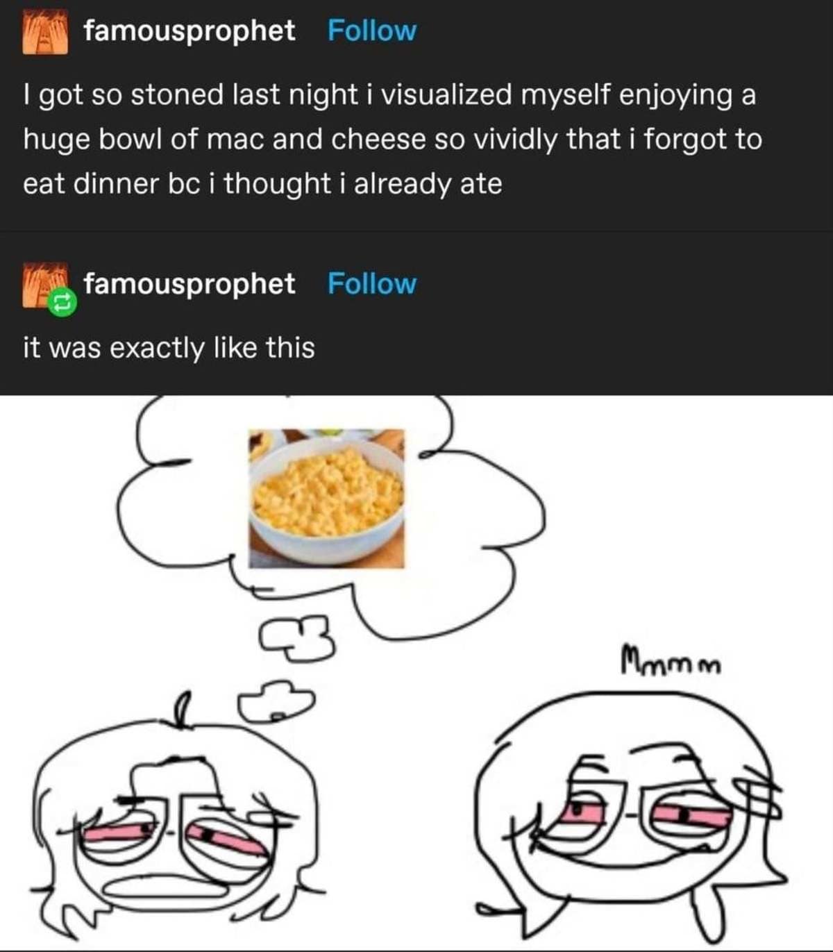 stoner funny meme featuring a comic where someone gets so high they vividly imagine eating a bowl of mac and cheese and completely forget to actually eat dinner, a classic meme dump post.