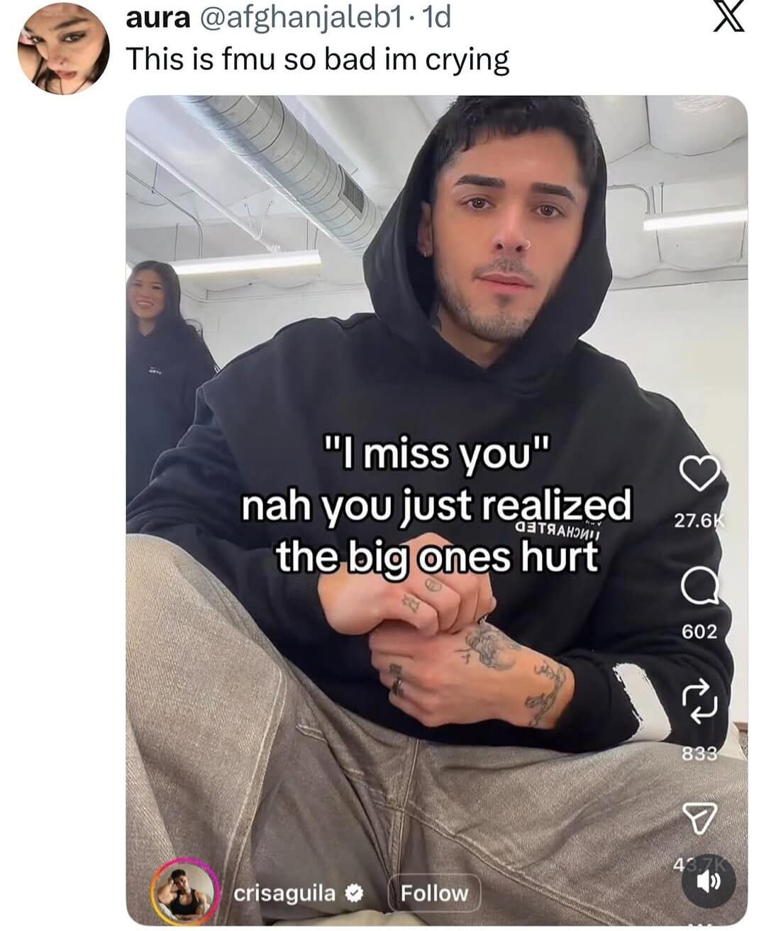 A funny meme showing a guy trying to be emotionally deep by stating you just realized the big ones hurt, while the internet ruthlessly mocks him for the unintentional anatomical joke, making it a perfect meme dump highlight.