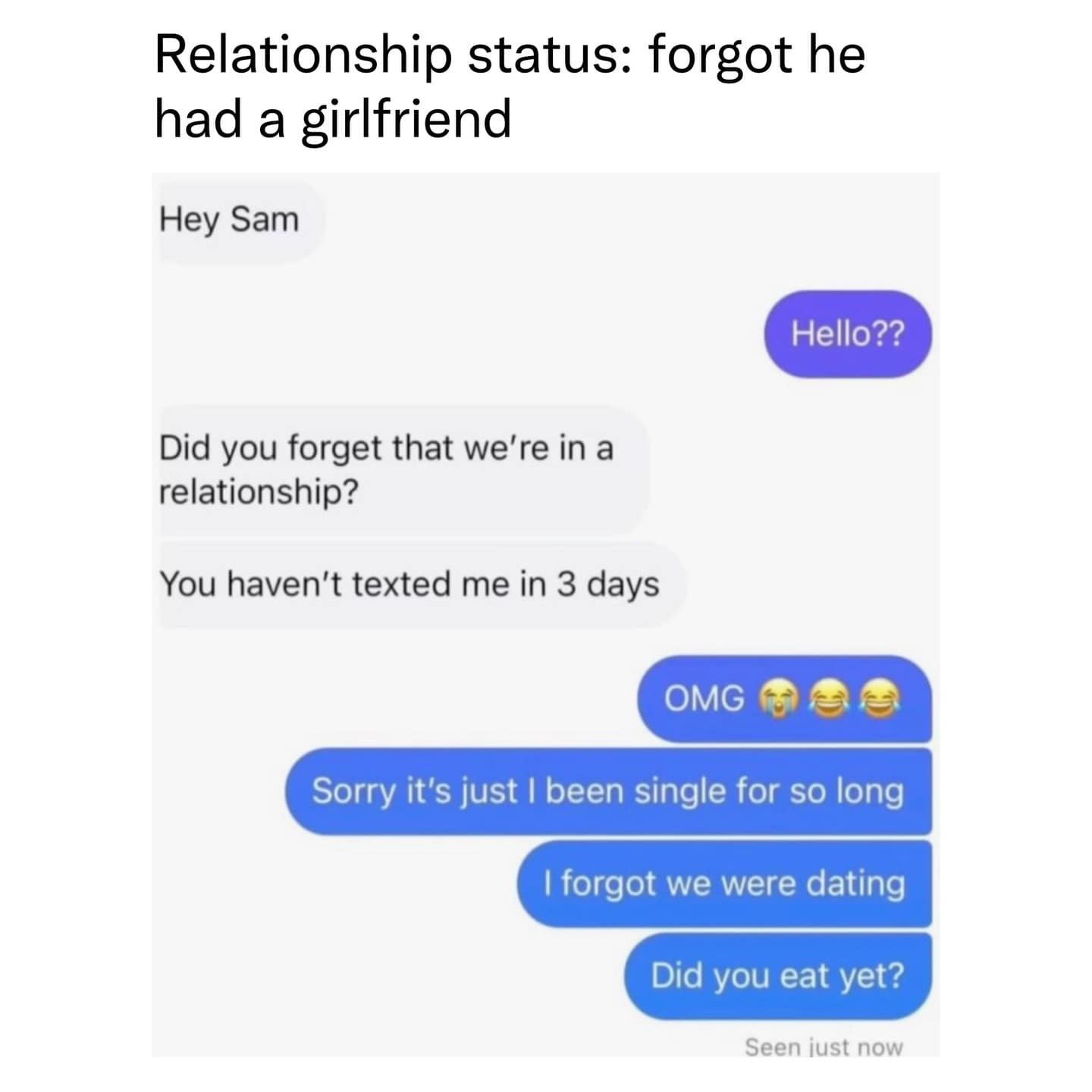 A hilarious meme screenshot of a text thread where a man forgets he’s in a relationship because he’s been single for so long, then awkwardly asks "Did you eat yet?" after ignoring his girlfriend for three days.