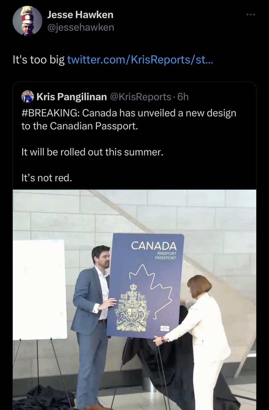political funny meme reacting to the reveal of the new Canadian passport design, showing officials holding an absolutely massive poster board and joking that it is simply too big in this meme dump.