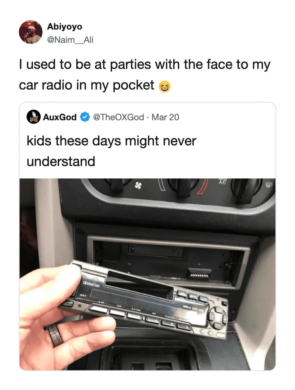nostalgic hilarious meme showing a hand holding a detachable car radio faceplate in front of an empty dashboard slot. The caption notes that "kids these days might never understand" having to walk into a party with a radio in your pocket to prevent theft.