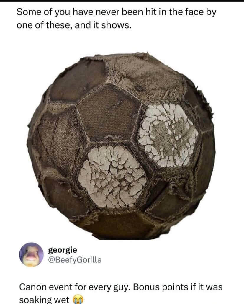 A highly relatable funny meme showing an absolutely destroyed, heavily peeling soccer ball, triggering the collective childhood trauma of getting hit directly in the face with a soaking wet, heavy ball in this nostalgic meme dump.