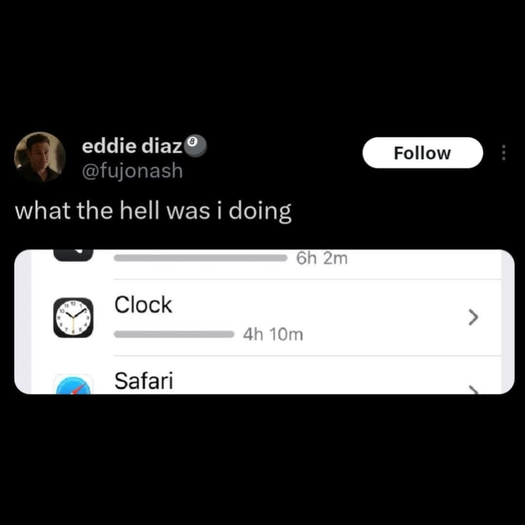 concerning screen time funny meme showing a user's phone usage statistics, revealing they spent an incomprehensible four hours and ten minutes staring directly at the default Clock app.