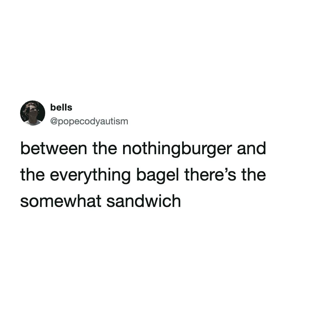 minimalist text meme dump post on a white background that introduces a new addition to the food-phrase lexicon: "between the nothingburger and the everything bagel there’s the somewhat sandwich."