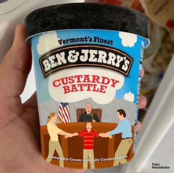 A dark humor hilarious meme featuring a mock-up of a Ben & Jerry’s pint titled "CUSTARDY BATTLE." The artwork depicts a messy divorce proceeding where a judge watches a mother and father literally tugging on a screaming child’s arms.