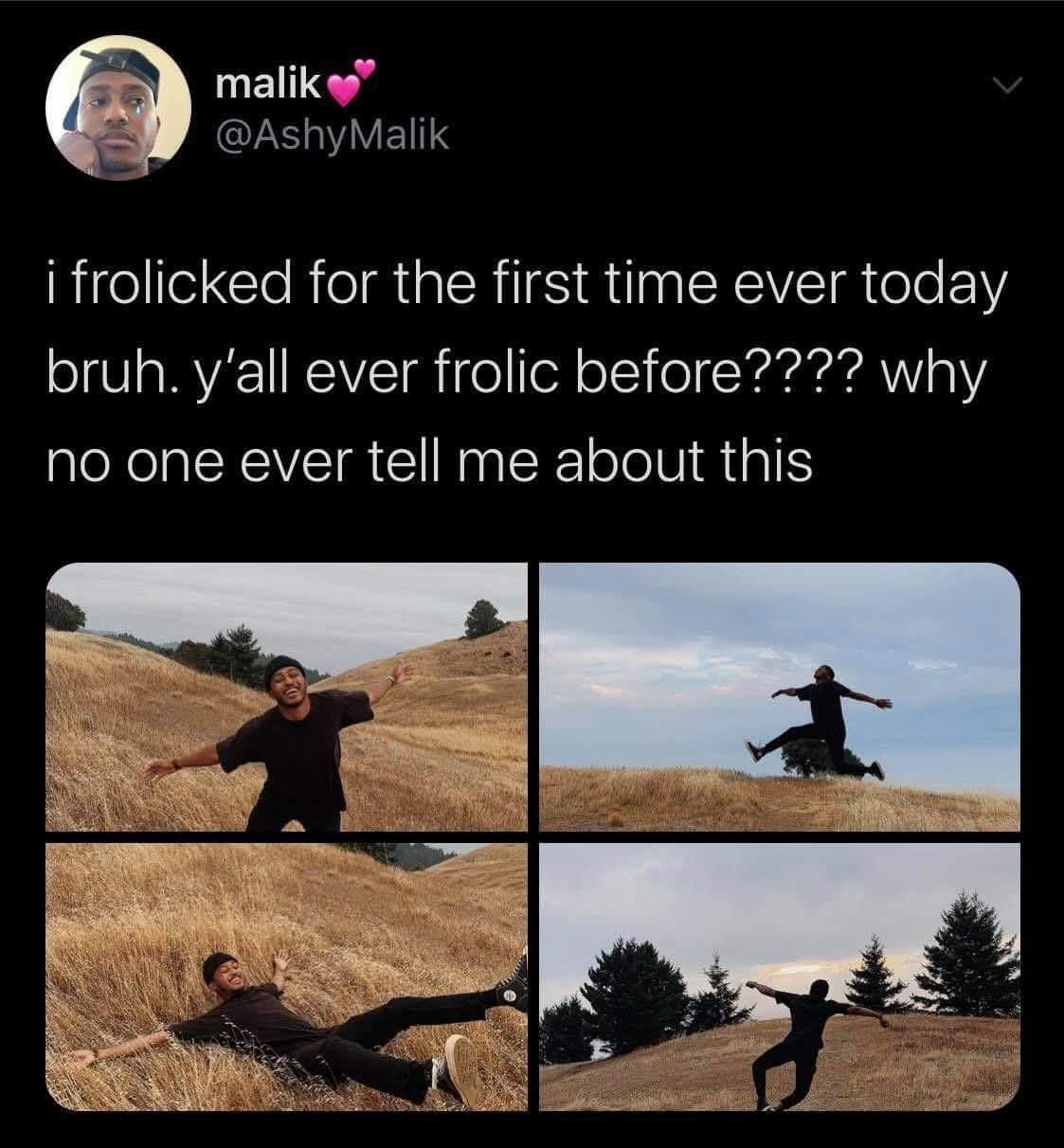 wholesome finale to this meme dump showing a four-panel photo set of a man joyfully frolicking through a golden field, discovering the magic of "frolicking" for the first time
