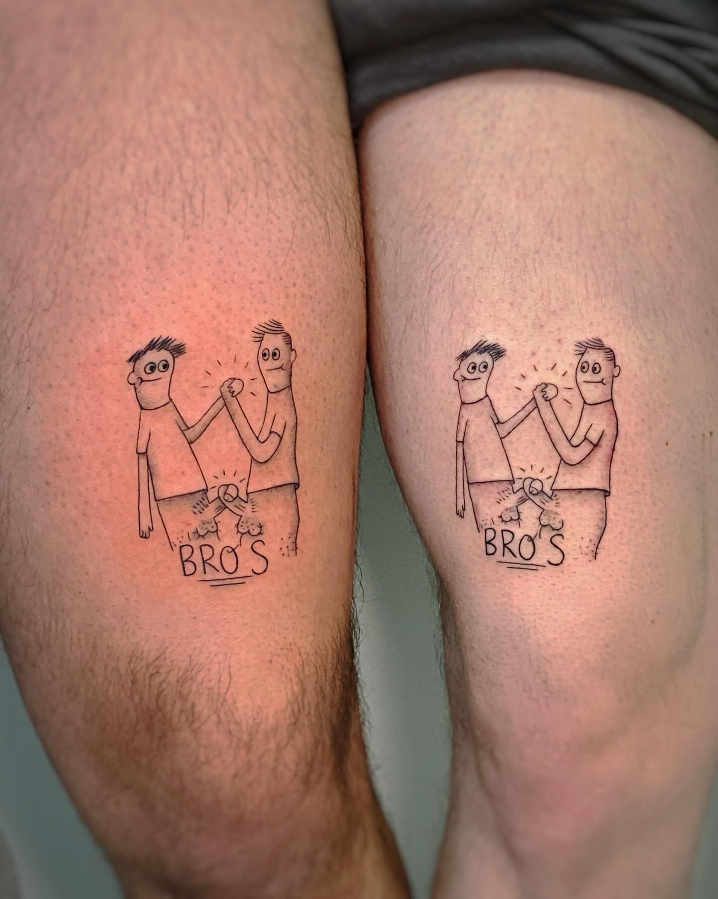 A shocking internet meme showing two people with matching "Bro's" tattoos on their thighs. The tattoo depicts two stick figures shaking hands, but the "hands" are actually the figures' genitals touching.