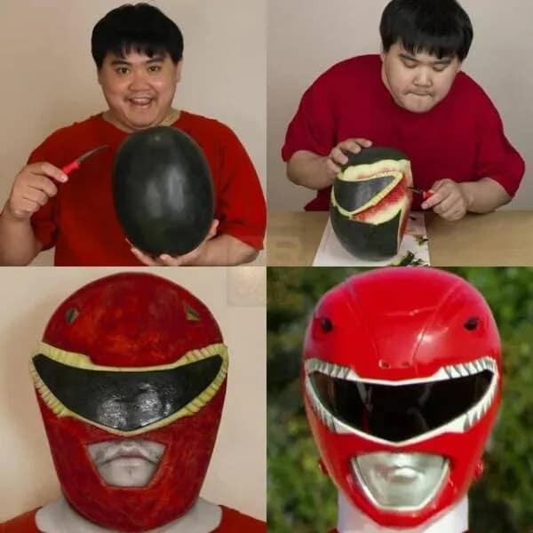 A creative meme dump entry from the "Low Cost Cosplay" creator. In four panels, he takes a dark green watermelon, carves out the visor and teeth of a Power Ranger helmet, and wears it to recreate the Red Ranger's look with surprising accuracy.