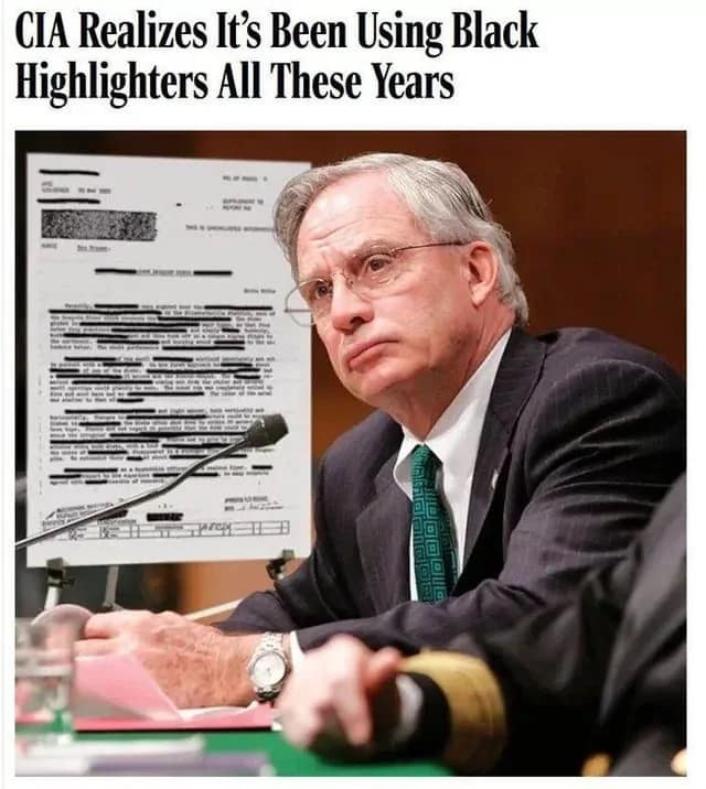 A hilarious satirical news headline claiming the CIA just realized it has been accidentally using black highlighters all these years instead of intentionally redacting top secret documents, making it a top-tier funny meme for this meme dump.