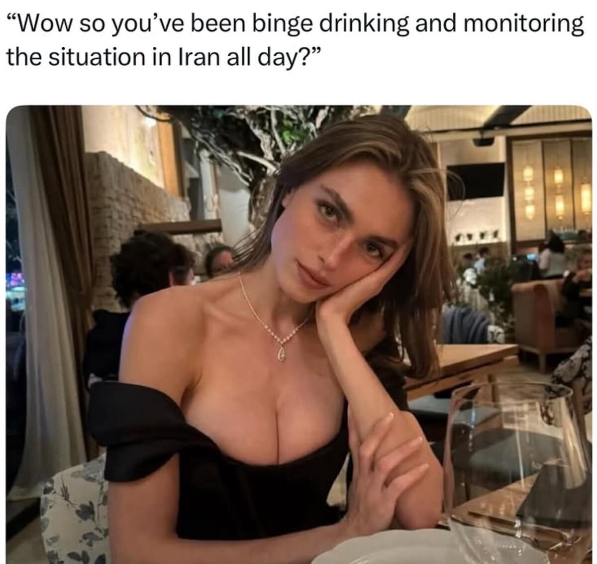 meme dump tweet featuring a beautiful woman resting her head on her hand at dinner, ironically captioned to represent a guy who has spent the entire day binge drinking and monitoring global politics.
