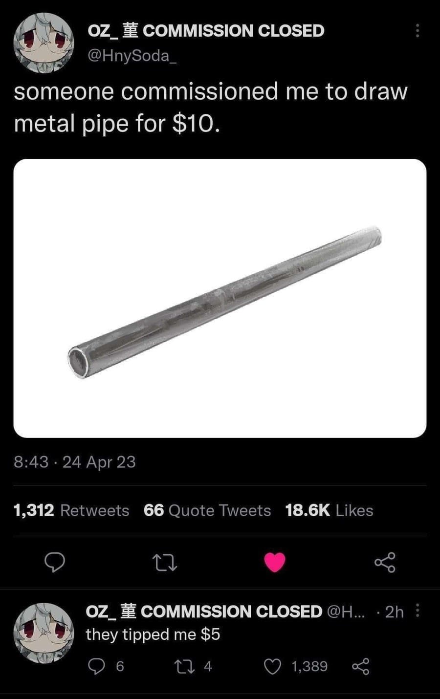 Peak internet absurdity is on full display in this meme dump post, where an artist shares a $10 commission for a realistic drawing of a single metal pipe, plus a surprising $5 tip