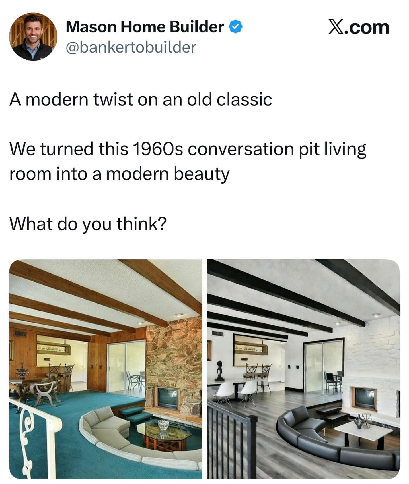 controversial "Before and After" meme dump showing a cozy 1960s conversation pit with wood paneling and teal carpet renovated into a stark, sterile modern room with grey vinyl flooring and white-painted brick.