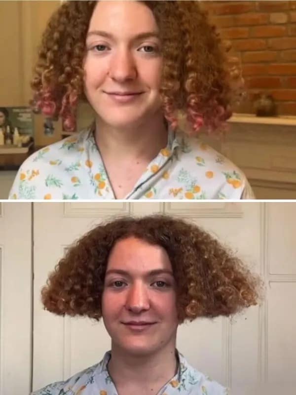 A two-panel hair transformation showing a person with curly hair whose style moves from standard volume to an aggressive, perfectly flat-topped triangular shape that defies gravity.