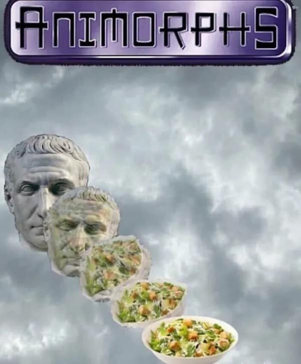 Classic Animorphs book cover parody showing the historical bust of Julius Caesar slowly transforming into a bowl of Caesar salad. Brilliant historical humor in this meme dump.