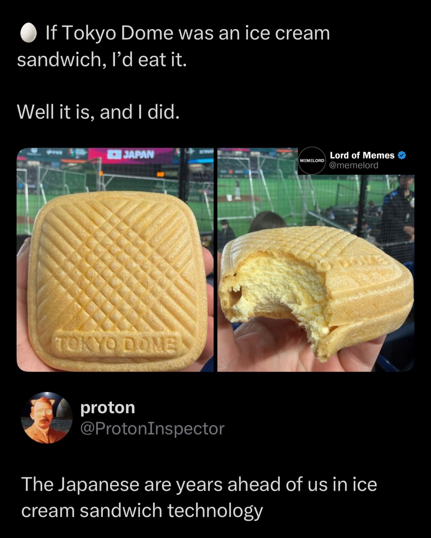 An internet meme showcasing "Tokyo Dome" branded ice cream sandwiches. The images show a square, waffle-textured treat with "TOKYO DOME" embossed on the bottom, accompanied by a comment stating, "The Japanese are years ahead of us in ice cream sandwich technology."