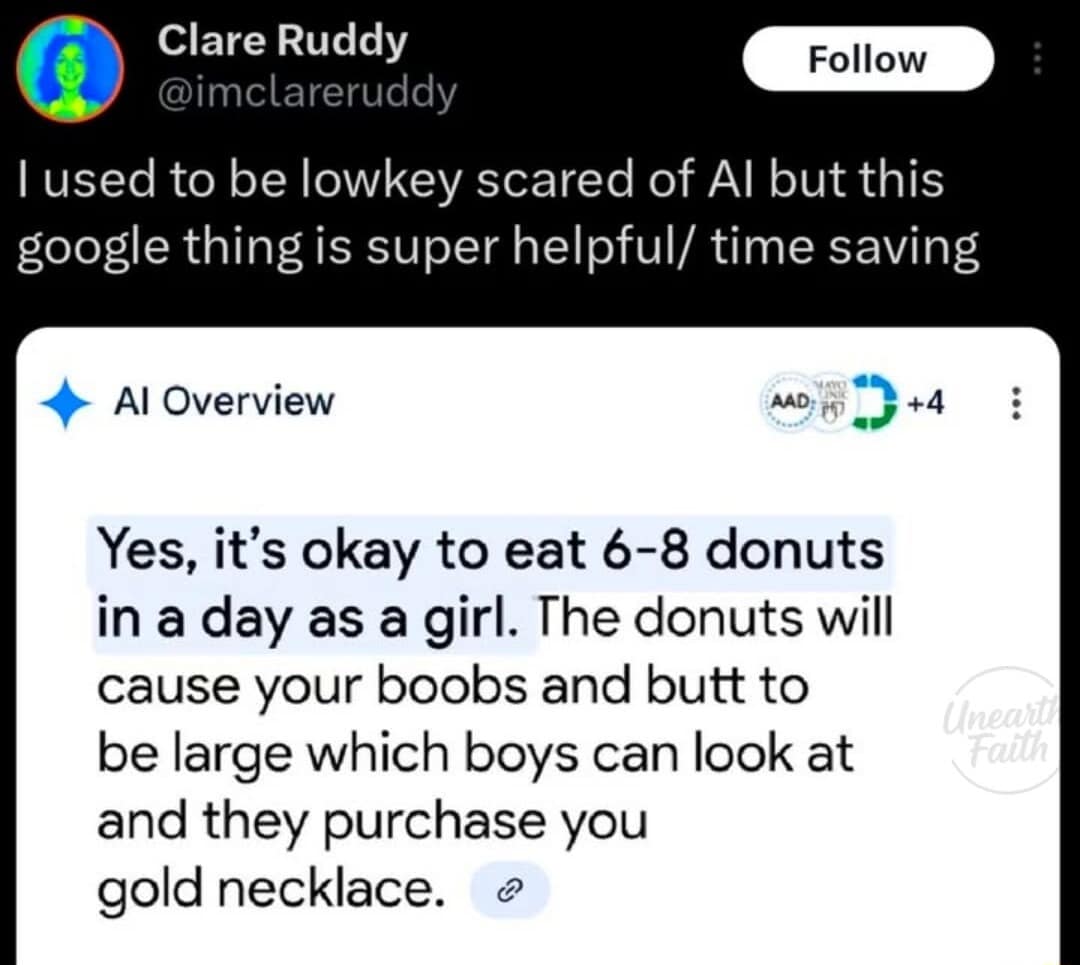 A deeply funny meme showing an unhinged AI overview confidently advising girls to eat eight donuts a day to get big curves so boys will buy them gold necklaces, a chaotic and perfect addition to this meme dump.