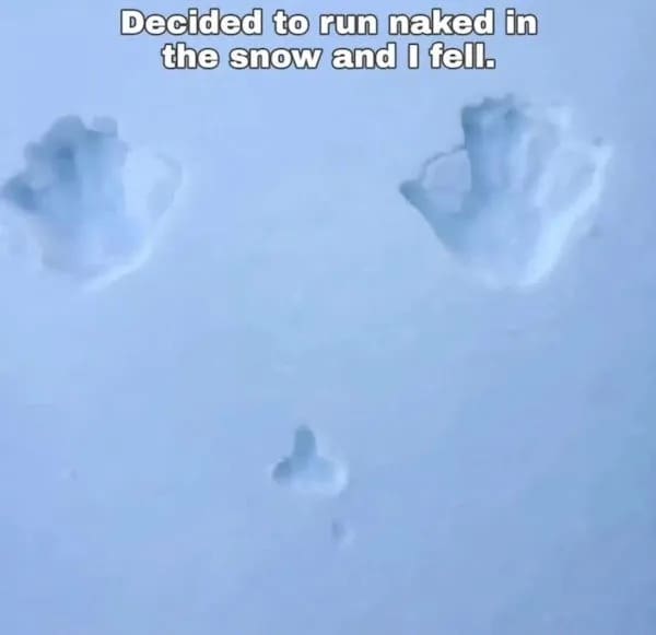 comedic meme dump visual showing an impression in deep snow where someone supposedly fell while running naked, leaving distinct prints of two palms and a small phallic shape in the center.