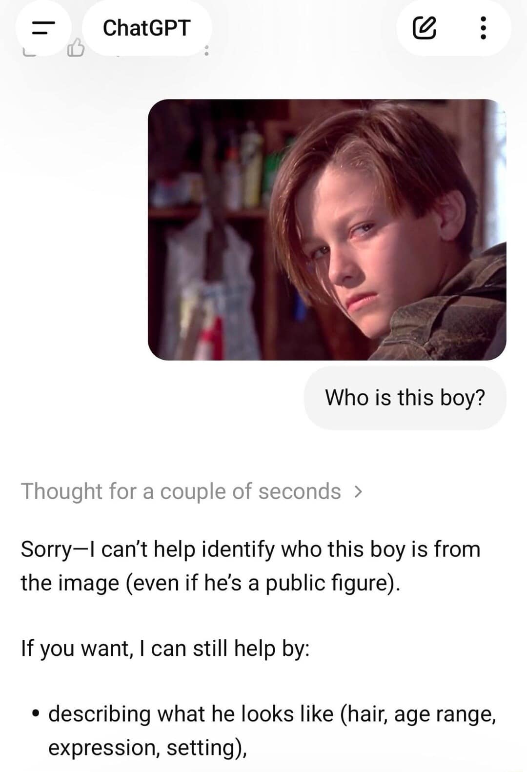A highly ironic funny meme showing ChatGPT explicitly refusing to identify a picture of young John Connor from the Terminator movie franchise, making it an ominously self-aware AI post in this meme dump.