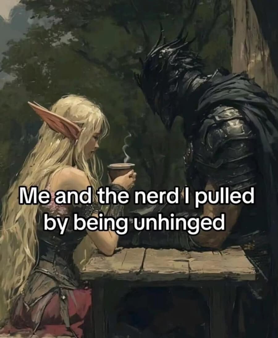 fantasy funny meme featuring a delicate elf maiden having tea with a massive, terrifying dark knight, perfectly captioned as "Me and the nerd I pulled by being unhinged" in this wild meme dump.