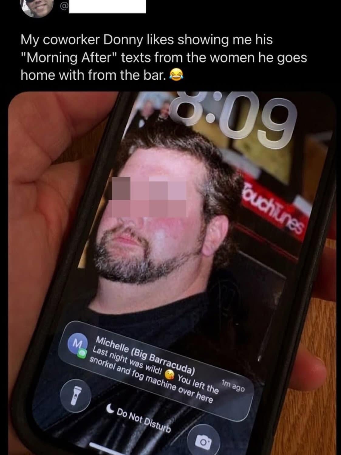 chaotic internet meme showcasing a "morning after" text message from a contact named "Big Barracuda," notifying a man that he left a snorkel and a fog machine at her place.