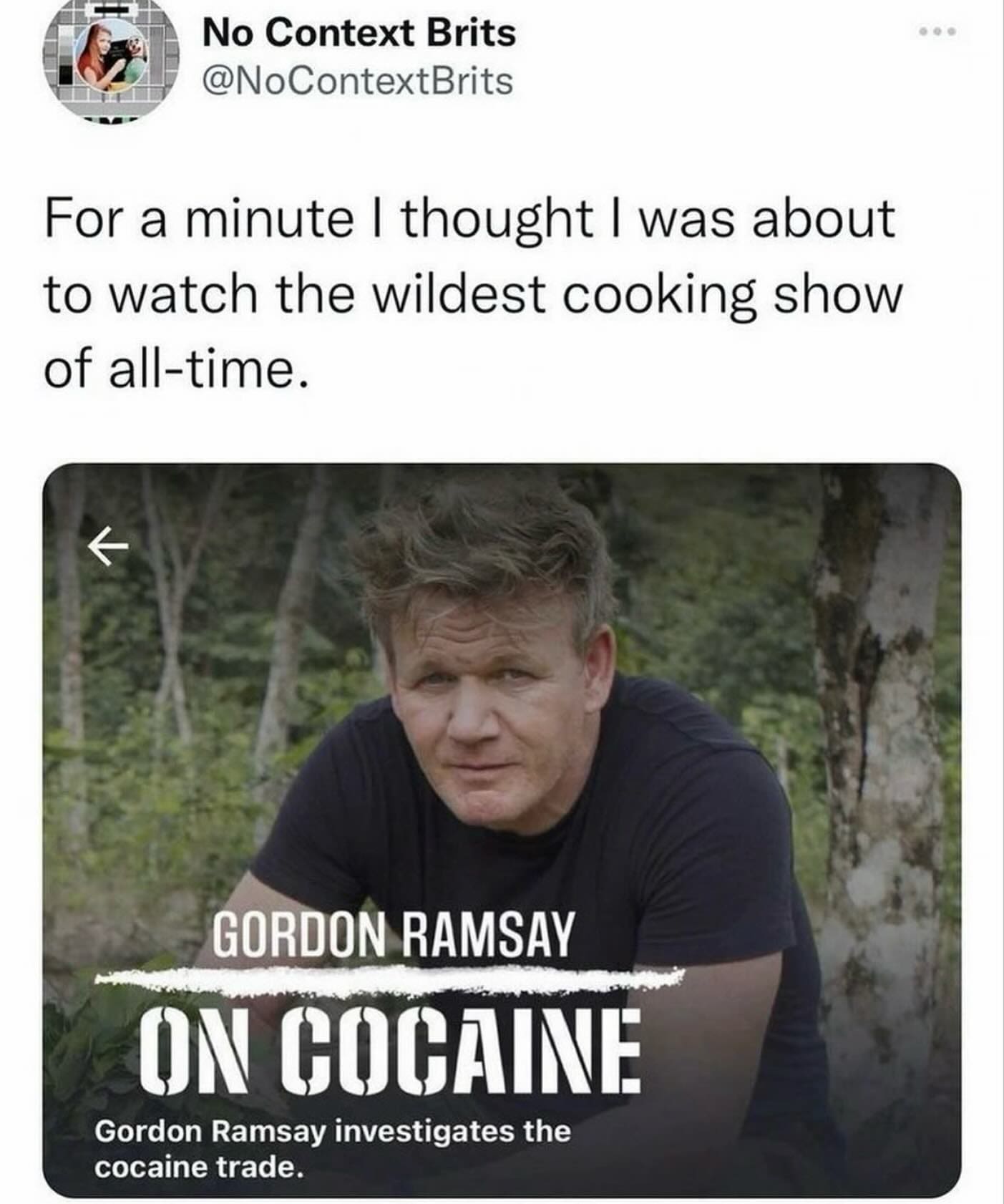A hilarious meme dump screenshot of a streaming service thumbnail for a show titled "GORDON RAMSAY ON COCAINE." The caption above it reads, "For a minute I thought I was about to watch the wildest cooking show of all-time," though the subheader clarifies it’s an investigation into the trade.