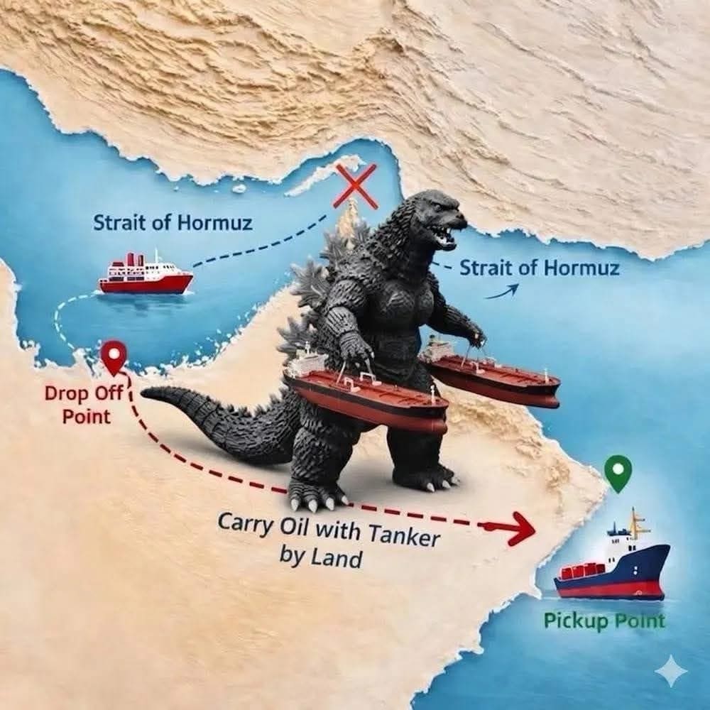 A tactical meme dump map of the Strait of Hormuz showing a giant Godzilla bypassing a shipping blockade by picking up two oil tankers and carrying them across the land from the drop-off point to the pickup point.