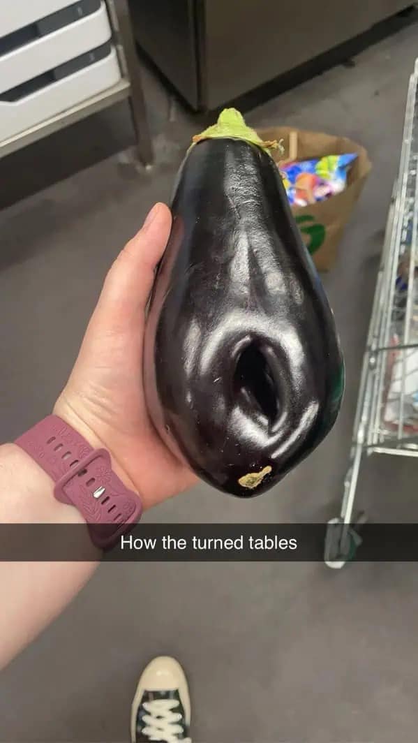 meme dump photo of an oddly shaped eggplant with a natural indentation resembling female anatomy. The Snapchat caption, "How the turned tables," flips the script on the eggplant's usual reputation as a phallic emoji.