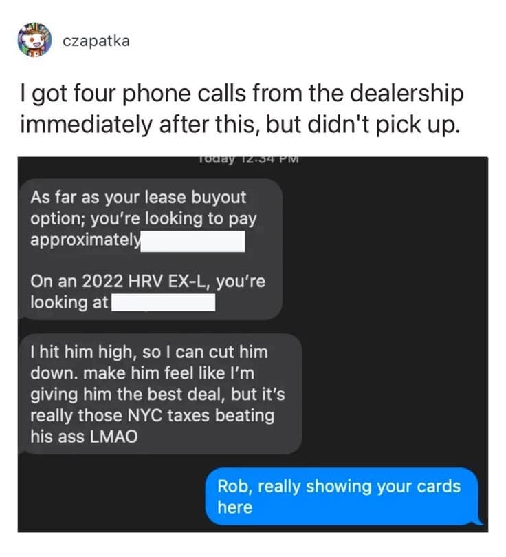 A catastrophic text message fail from a meme dump where a car dealer named Rob accidentally sends his predatory, manipulative sales strategy directly to the customer he is trying to "hit high" on a lease buyout.