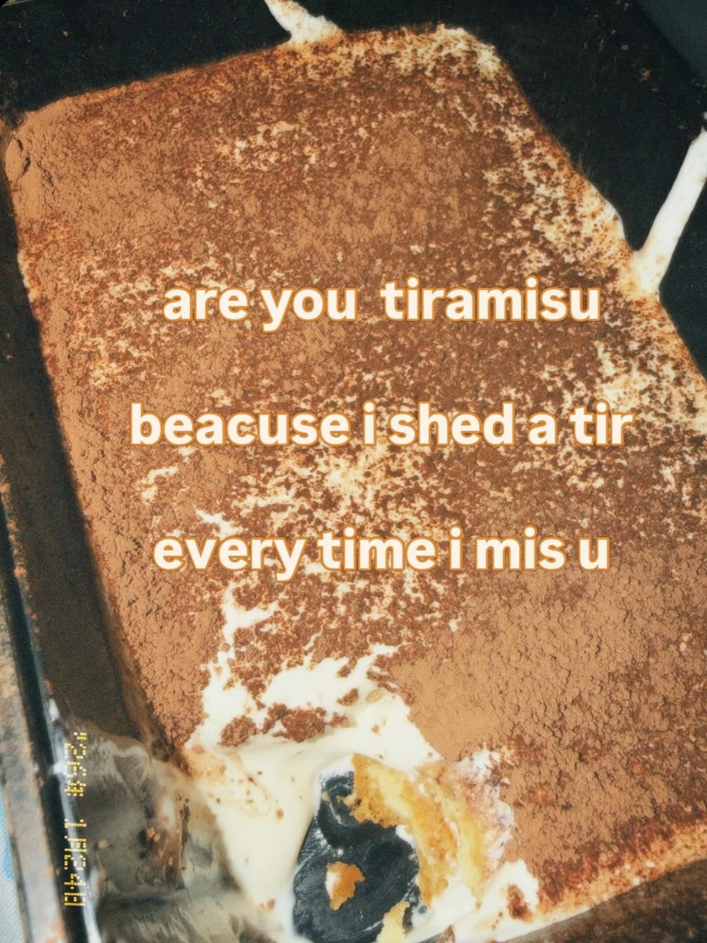 A pun-heavy hilarious memes entry showing a close-up of a tray of tiramisu. Orange text overlaid on the cocoa-dusted dessert reads: "are you tiramisu beacuse i shed a tir every time i mis u."