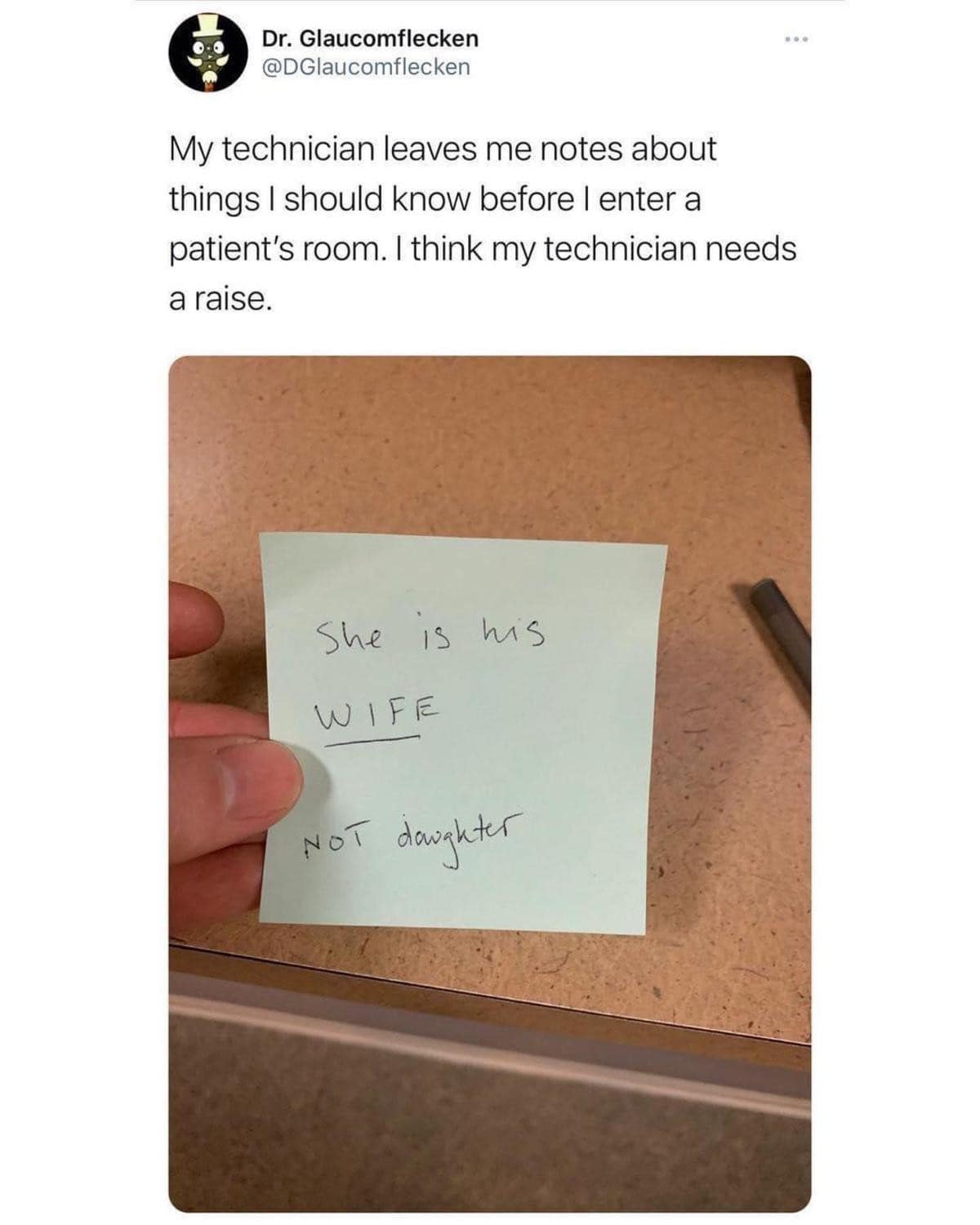 A highly relatable medical funny meme where a clinic technician leaves a desperate sticky note warning the doctor that the woman in the room is the patient's wife and definitely not his daughter, earning its place in this meme dump.