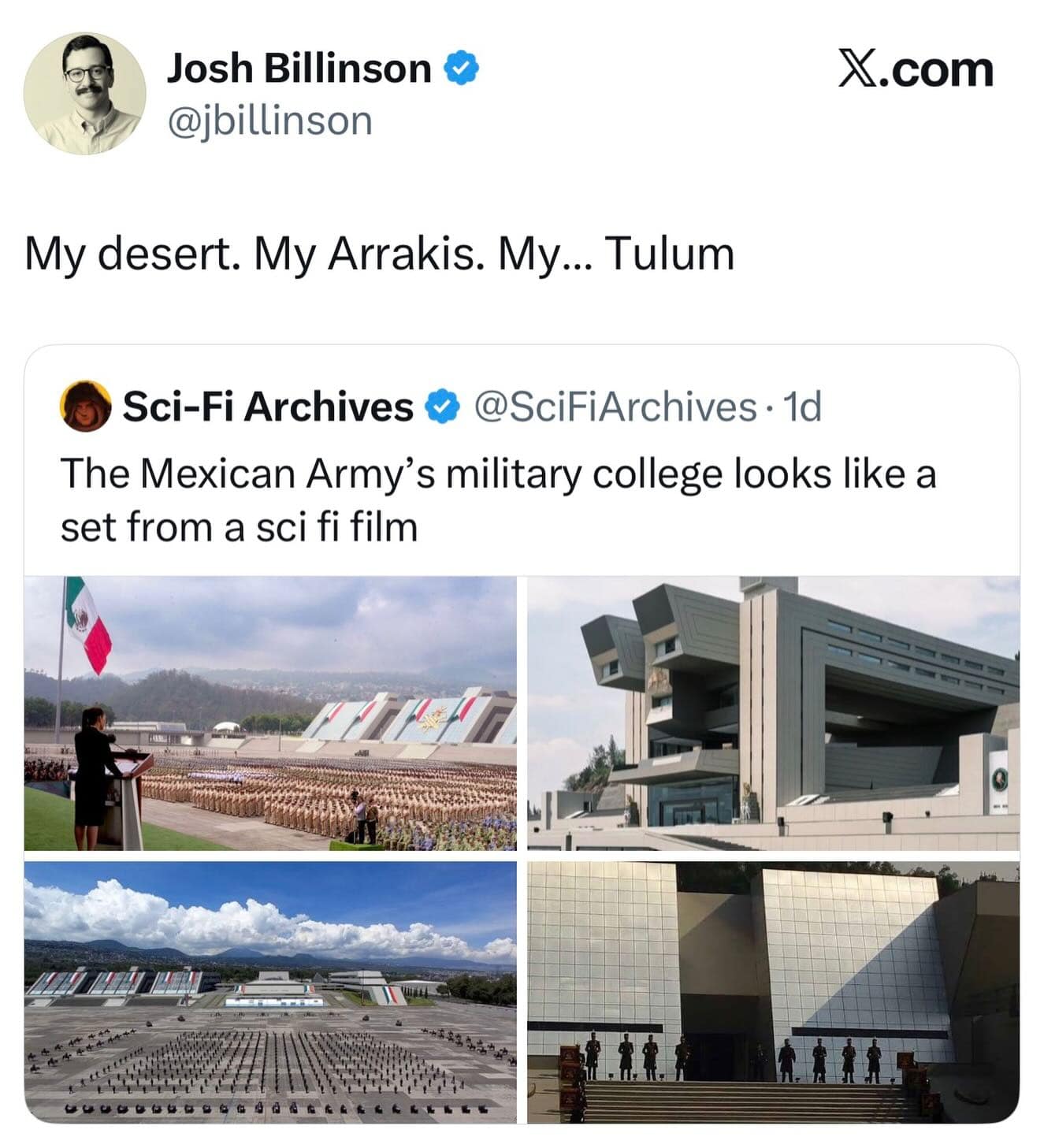 Archival photos of the Mexican Army’s military college are used in this internet meme to highlight the building's striking resemblance to a brutalist Dune film set.