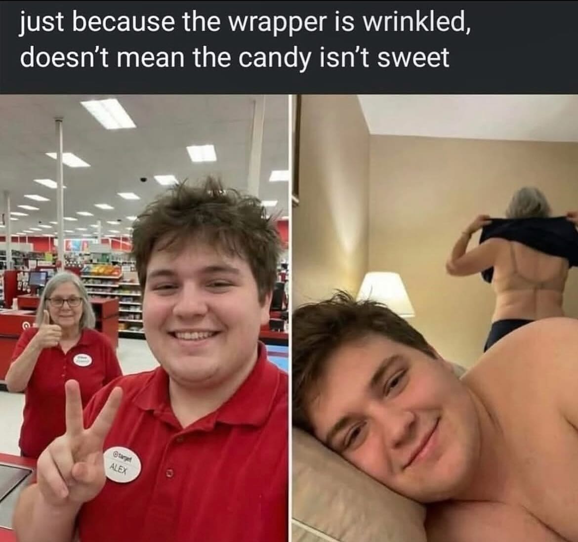 shocking "How it started vs. How it's going" meme dump showing a young Target employee and his older female coworker at work, followed by a bedroom selfie where the coworker is seen topless in the background.