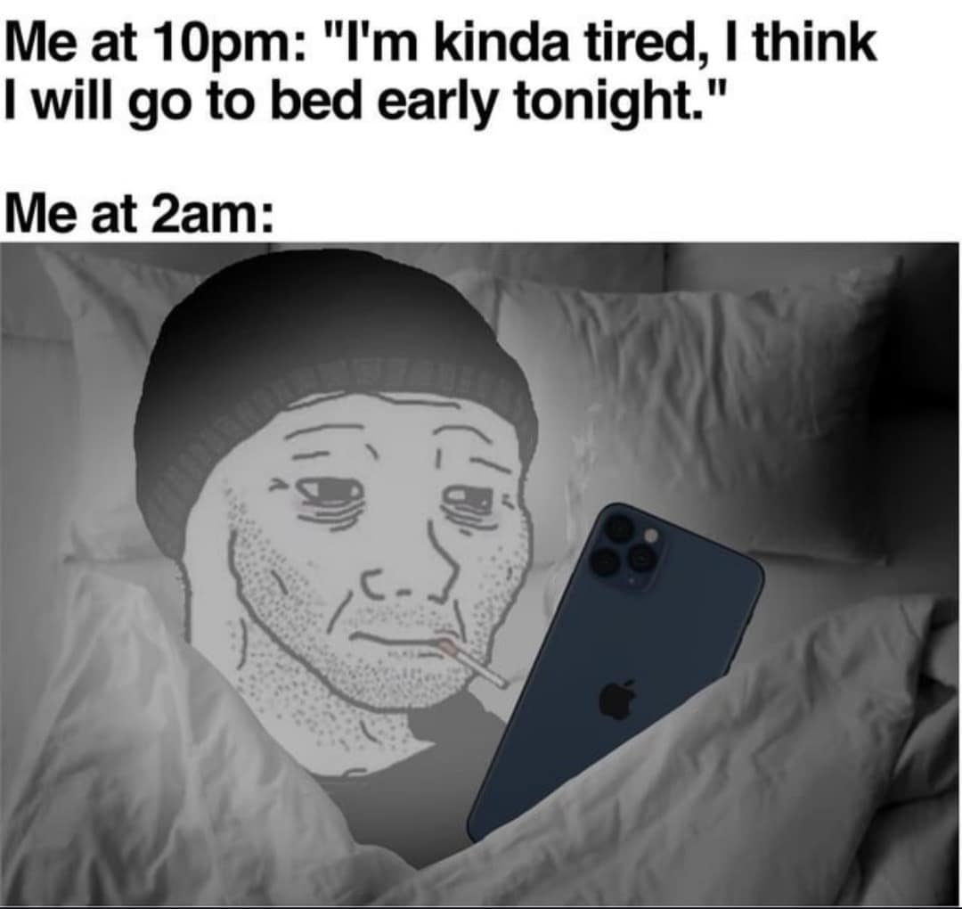 relatable meme dump featuring a Doomer Wojak smoking a cigarette under bedsheets at 2 AM. The text contrasts a 10 PM plan to go to bed early with the actual reality of late-night scrolling on an iPhone.