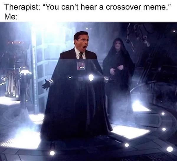 A hilarious meme crossover. Michael Scott from The Office is photoshopped onto Darth Vader's body at the moment he screams "NOOOO!" The caption reads, "Therapist: 'You can't hear a crossover meme.' Me:".