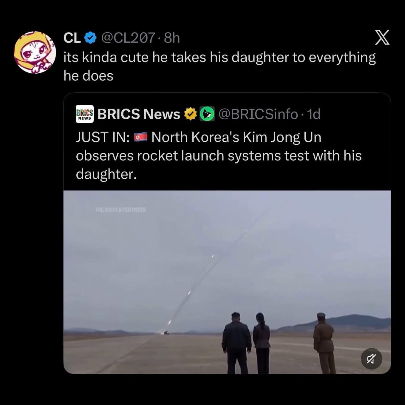 A humorous tweet reacting to a news report of Kim Jong Un bringing his daughter to a tactical missile test, jokingly calling his "take your kid to work" style of dictatorship "kinda cute."