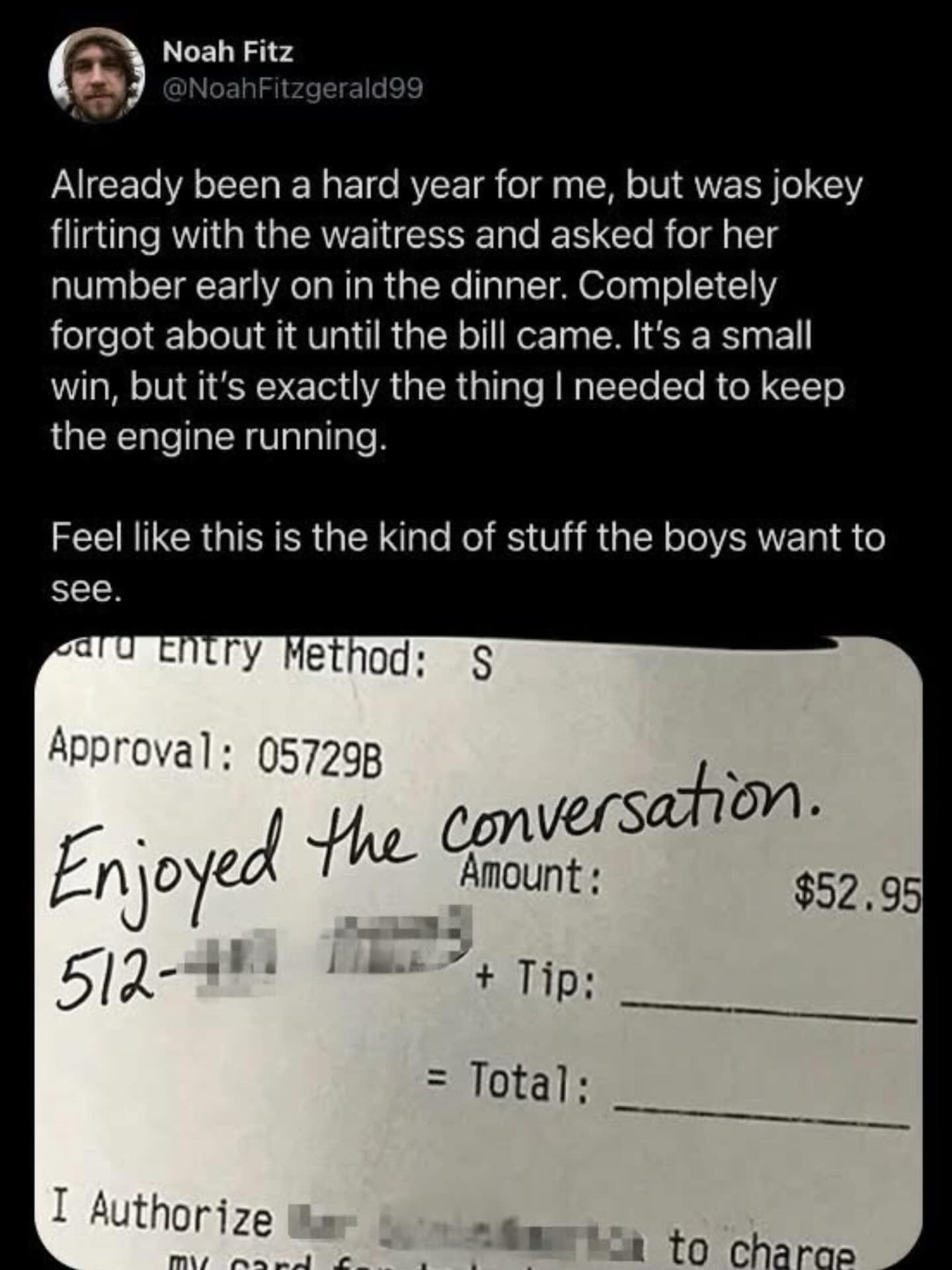 A heartwarming meme dump entry featuring a tweet from user Noah Fitz. He describes a "small win" where he jokingly asked a waitress for her number; the attached photo shows the receipt with "Enjoyed the conversation" and a phone number handwritten on it.